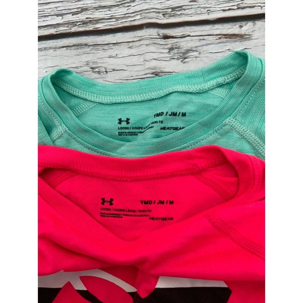 Under Armour Girls HeatGear Shirts Bundle‎ Pink Teal Long Short Sleeve YMD 10-12